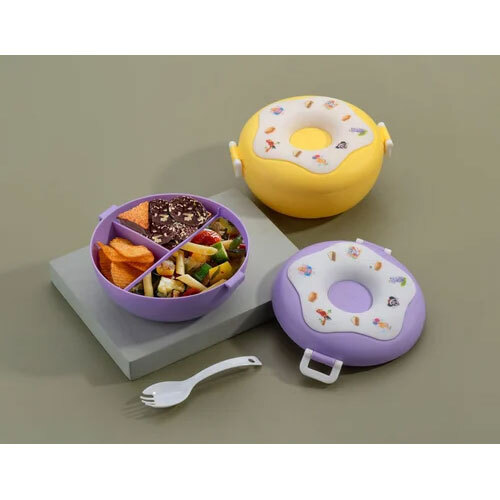 Kids Cute Plastic Donut Design Lunch Box For Corporate Gifting - Color: Yellow And Purple