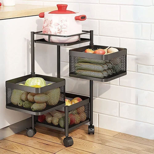 Stainless Steel 3 Layer Kitchen Trolley Rack - Color: Black