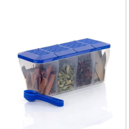 4 Section Masala Container With Spoons - Color: Blue