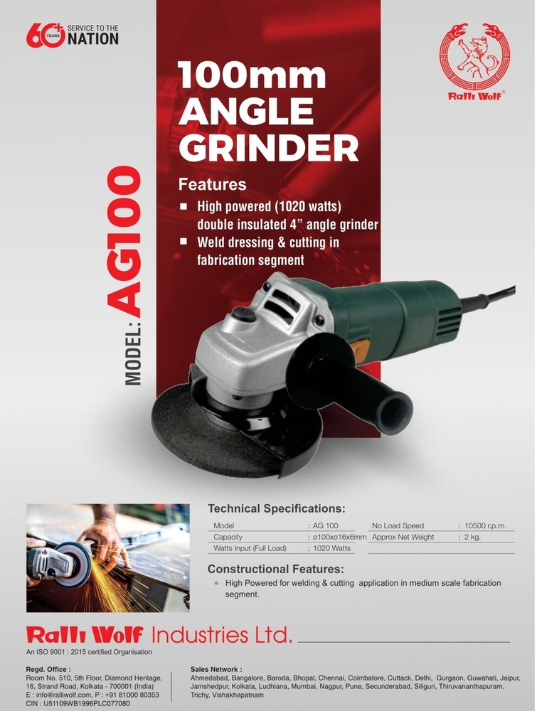 Ralli Wolf 100mm Angle Grinder (Ag100 / Ag115) - Application: Grinding