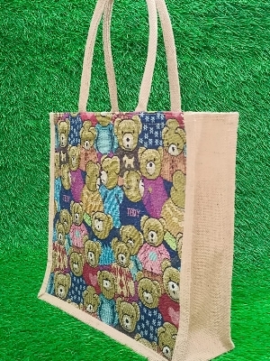 Jute Bag - Open Closure, Customized Design | Long Shoulder Handle, Brown Color, Screen Printed