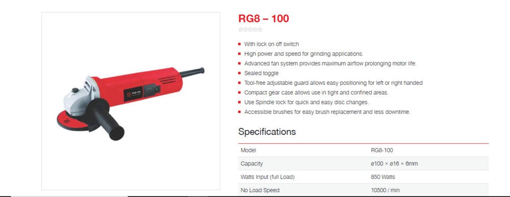 Ralli Wolf 100mm Angle Grinder (Rg8-100) - Application: Grinding