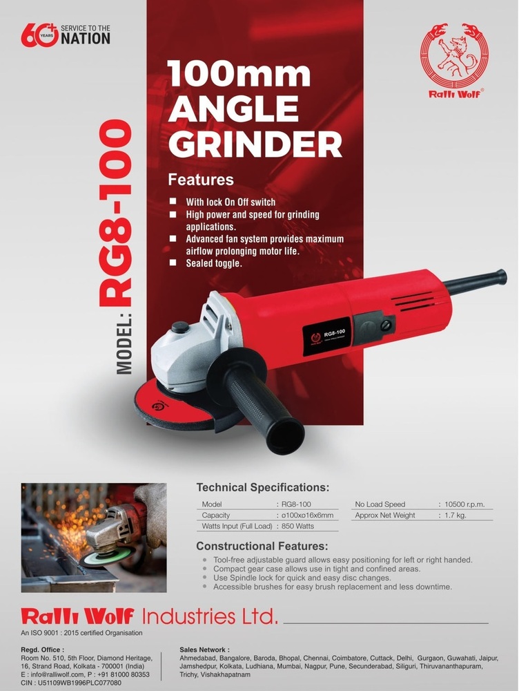 Ralli Wolf 100mm Angle Grinder (Rg8-100) - Application: Grinding