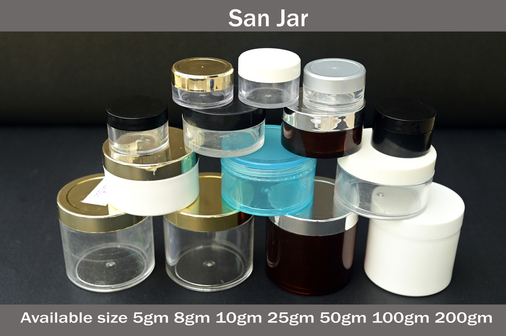 San Jar - Plastic, 8-100gm Size | Transparent Color, Rigid Hardness, Round Shape, 1-year Warranty Cream Jar