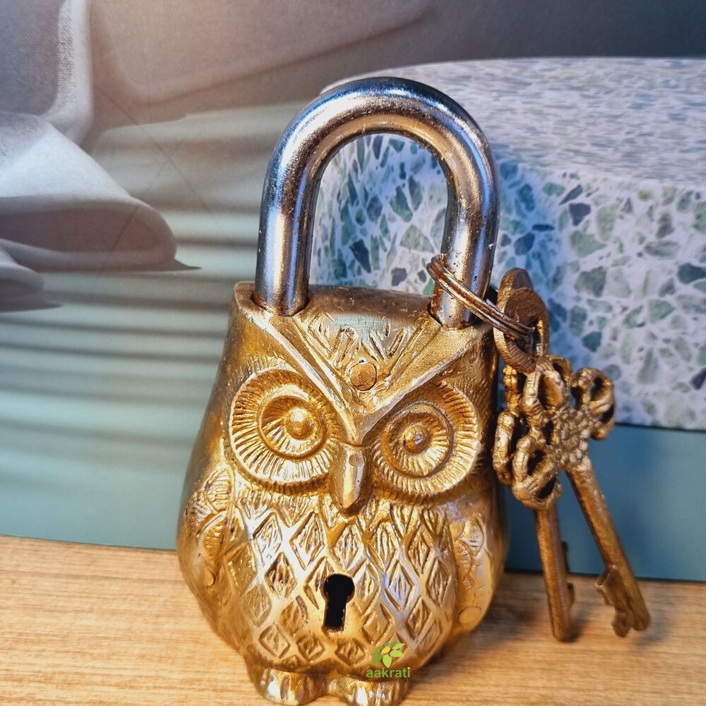 Owl Design Yellow Functional Brass Lock With 2 Keys