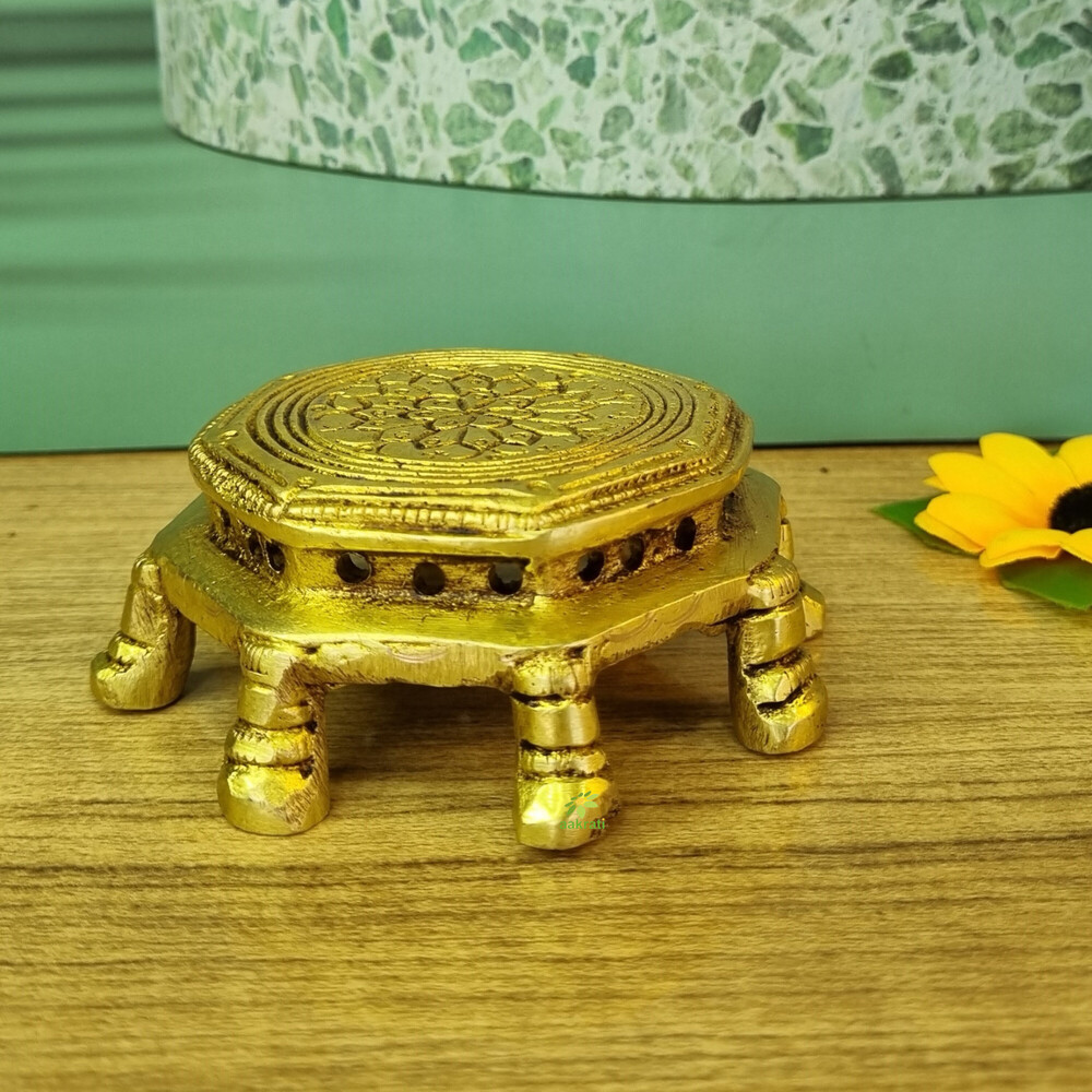 Aakrati Handicraft Brass Chowki For Home Temple - Small Stand - Table Metal Furniture To Put Any Small Showpiece - Unique Antique Look Indian Handmade Metal Cra