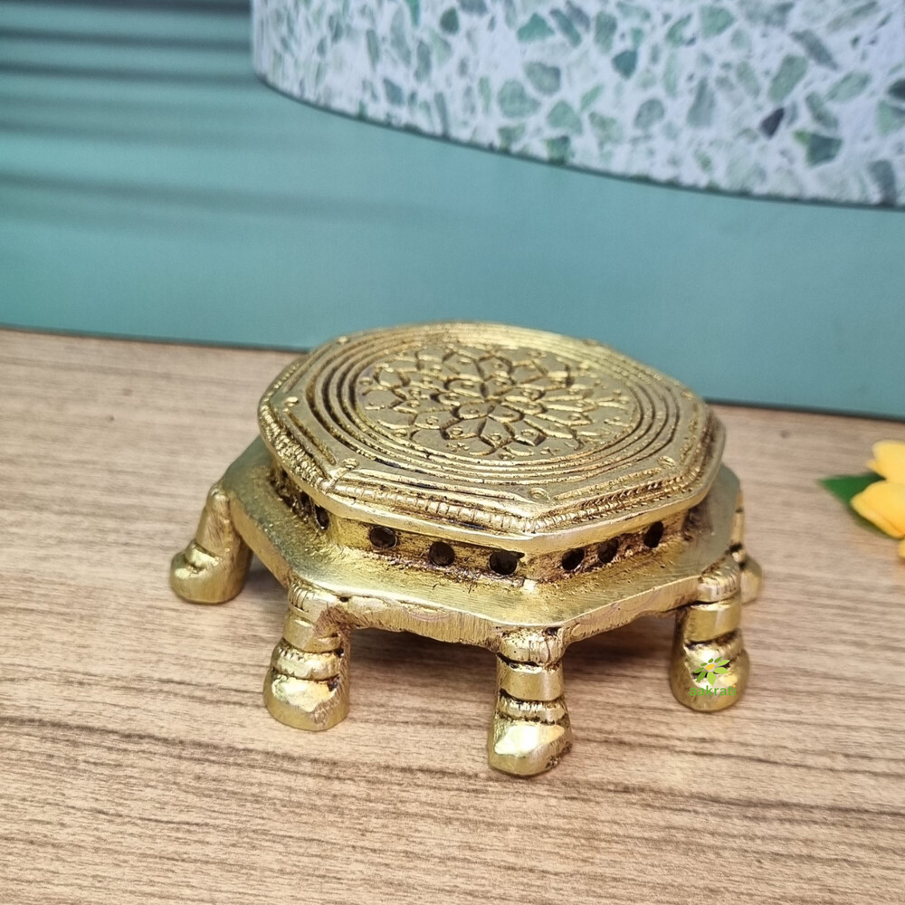 Aakrati Handicraft Brass Chowki For Home Temple - Small Stand - Table Metal Furniture To Put Any Small Showpiece - Unique Antique Look Indian Handmade Metal Cra