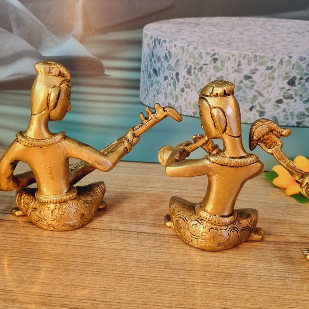 Aakrati Decorative Four Sitting Statue Of Musician In Antique Finish - Brass Made Home Decor Table Showpiece Metal Gift Craft