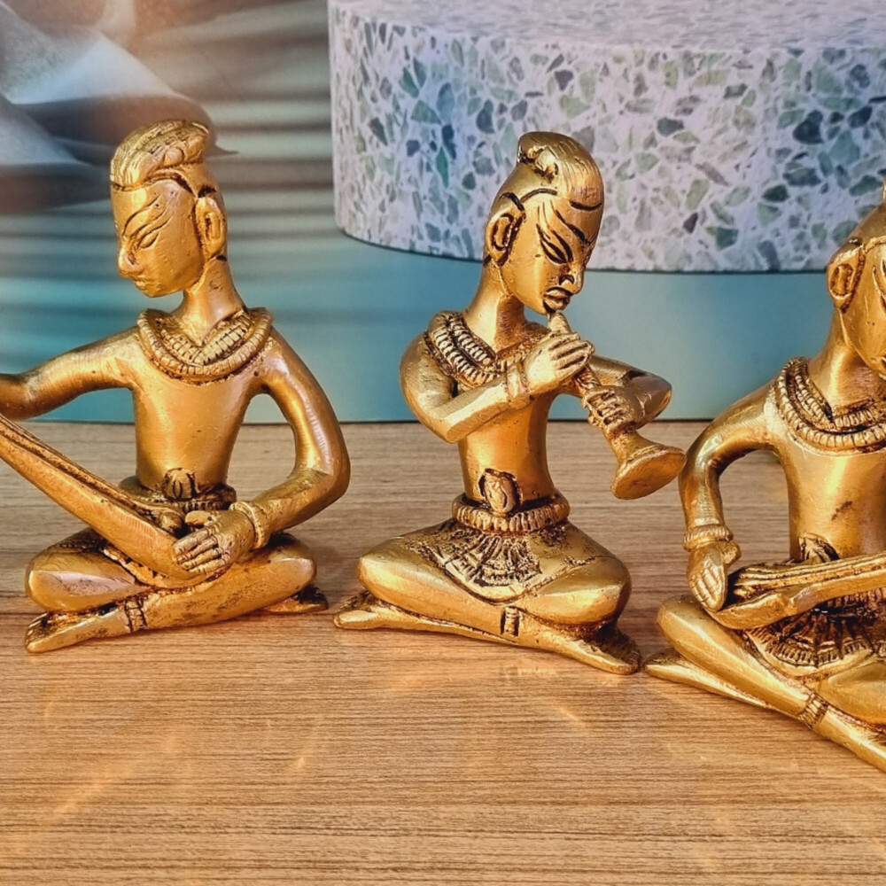 Aakrati Decorative Four Sitting Statue Of Musician In Antique Finish - Brass Made Home Decor Table Showpiece Metal Gift Craft
