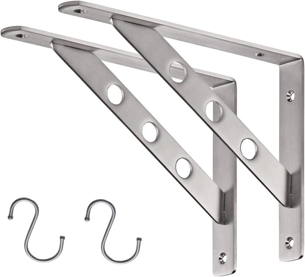 10", 2 Pack Heavy Duty Solid Shelf Support Corner Brace Joint Right Angle Bracket Stainless Steel Shelf Bracket L Bracket