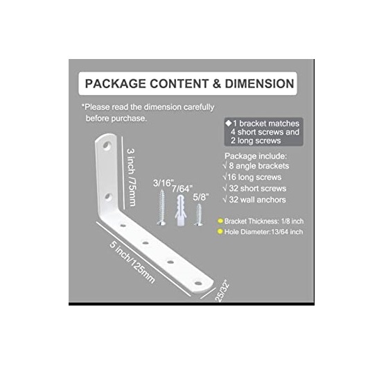 8pcs Corner Brace White Steel L Brackets for Shelves 5 Inch x 3 Inch
