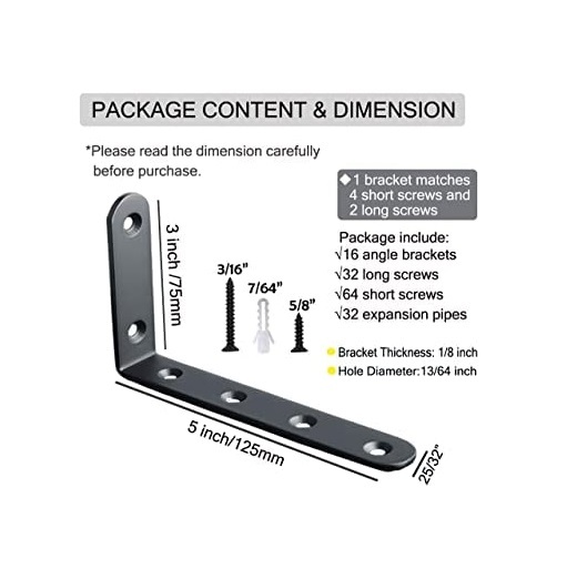8pcs Corner Brace Black Steel L Brackets for Shelves 5 Inch x 3 Inch