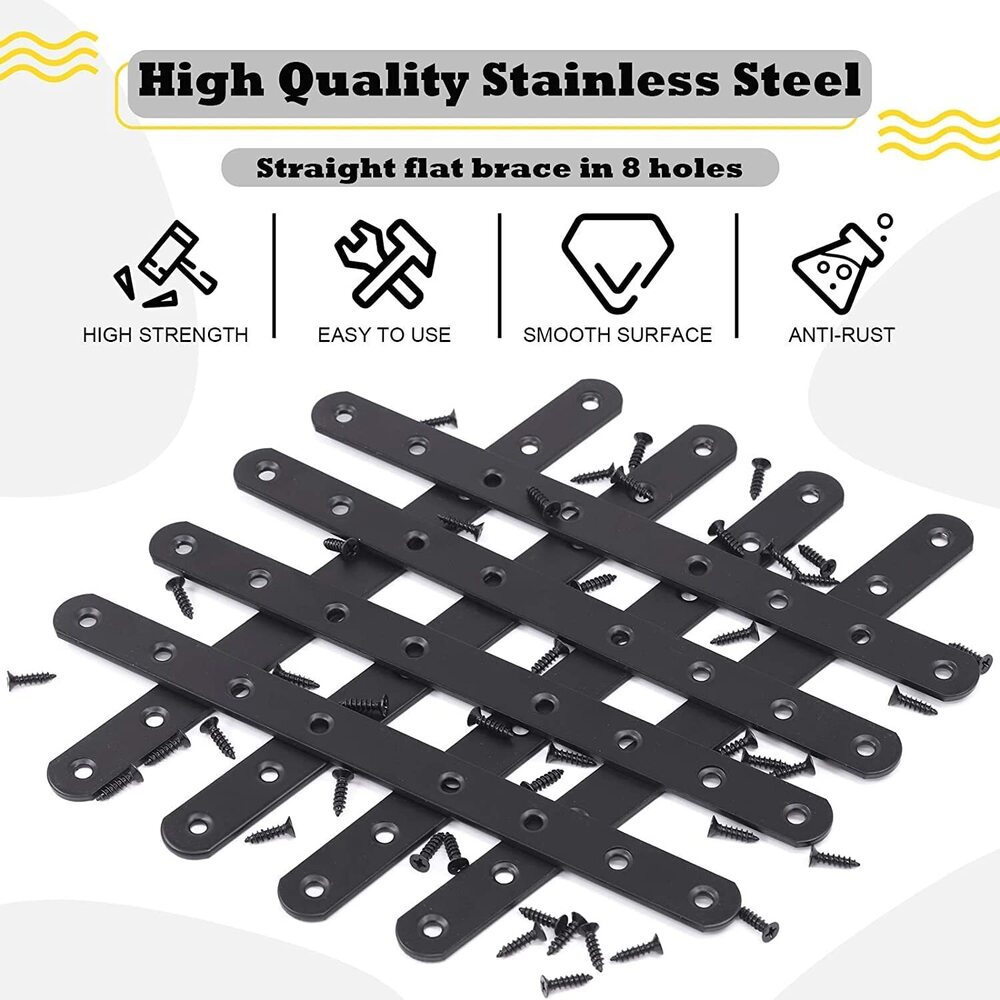 250mm, 8 Pack Straight Bracket Stainless Steel Black Straight Corner Braces Straight Flat Brace Mending Repair Flat Plates with Screw