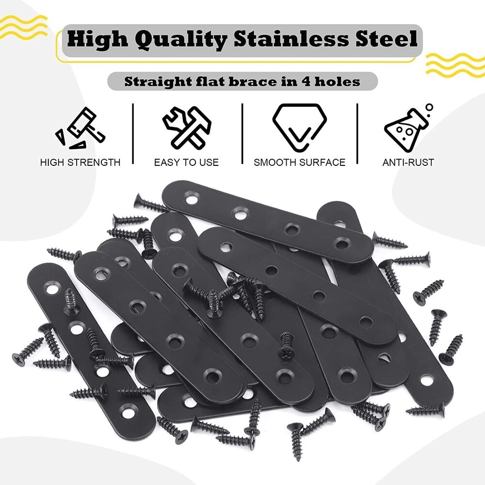 Straight Bracket Stainless Steel Black Straight Flat Brace Mending Repair Flat Plates with Screw (100mm, 15 Pack)