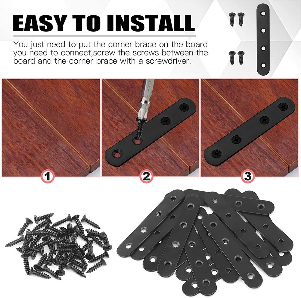 Straight Bracket Stainless Steel Black Straight Flat Brace Mending Repair Flat Plates with Screw (100mm, 15 Pack)
