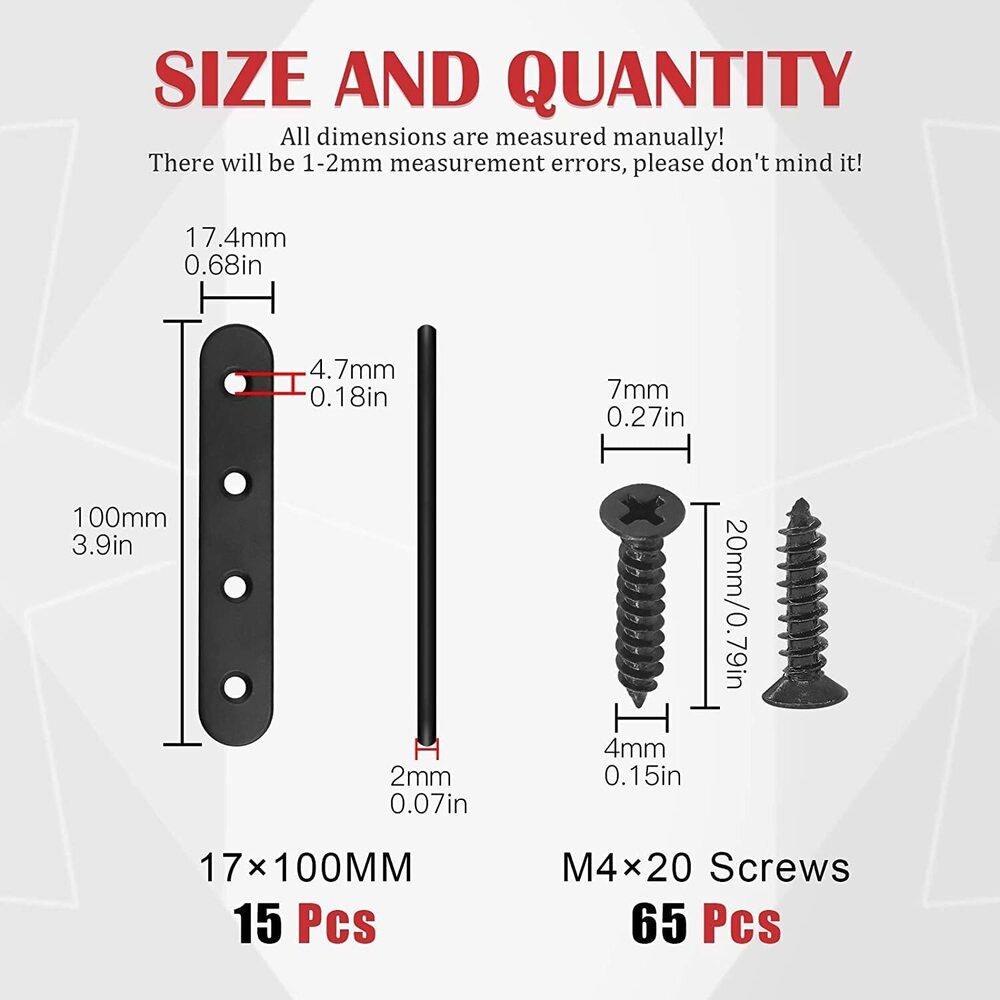 Straight Bracket Stainless Steel Black Straight Flat Brace Mending Repair Flat Plates with Screw (100mm, 15 Pack)