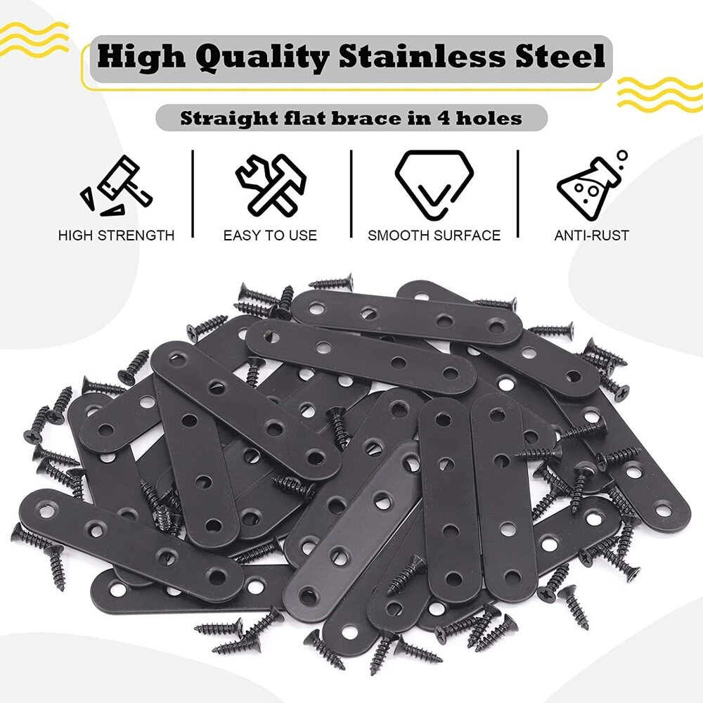 Straight Bracket Stainless Steel Black Straight Flat Brace Mending Repair Flat Plates with Screw (80mm, 20 Pack)