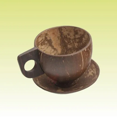 Coconut Shell Tea Cups With Saucer - Color: Brown