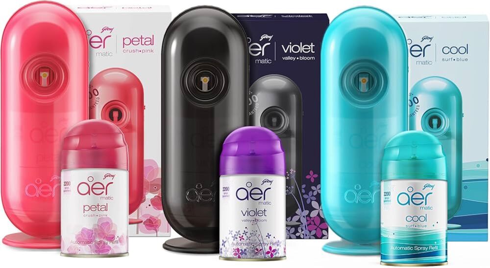 Godrej Automatic Dispenser - Air Freshener | 300g Material, Violet & Lush Green Colors, Flexi-control Timer, Automatic Spray Every 10/20/40 Minutes