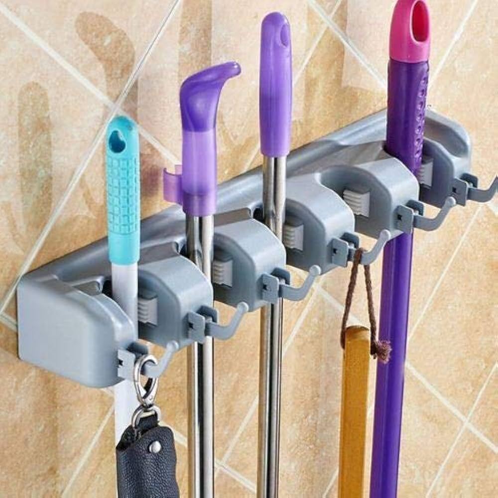 Mop Holder 5 Ring - Grey, 5 Ring Size | Wall-mountable Organizer Rack, Holds Up To 3 Kgs Per Slot, Includes Fixing Screws And Fishers