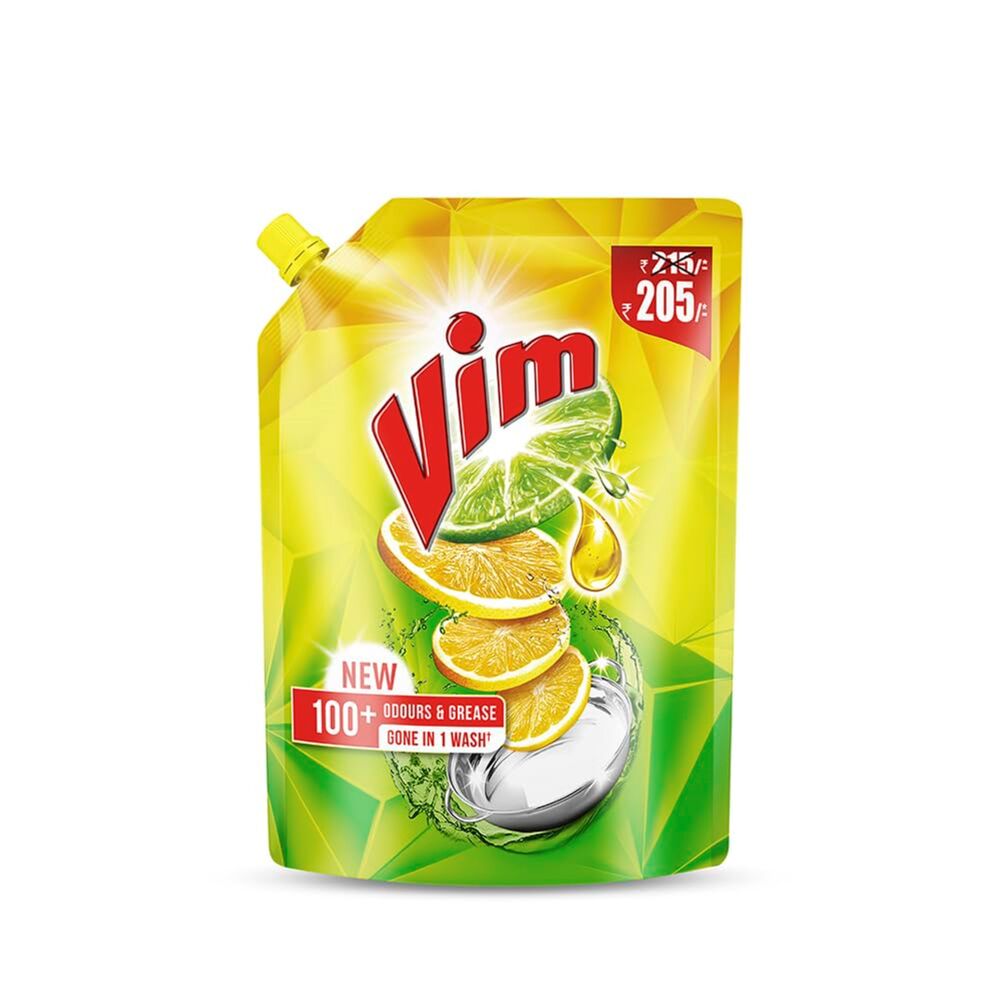 Vim Liquid 900ml - Dishwash Material, Yellow Color | Effortlessly Cleans Burnt-on Food, Removes Odour, Effective With One Spoon For Full Sink