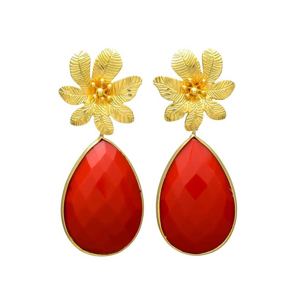 New Arrival Red Onyx Gemstone Tear Drop Earring with Flower Top