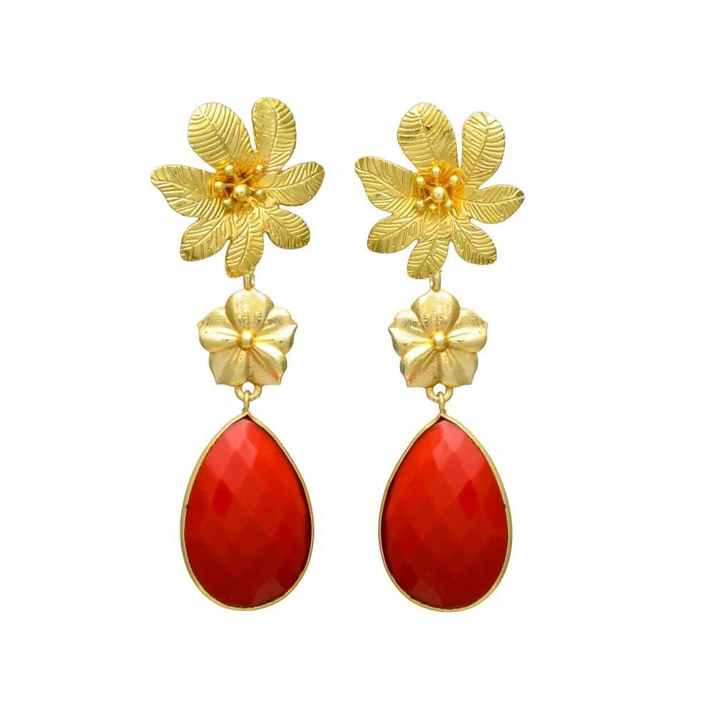 New Arrival Golden Top Red Onyx Gemstone Tear Drop Earrings