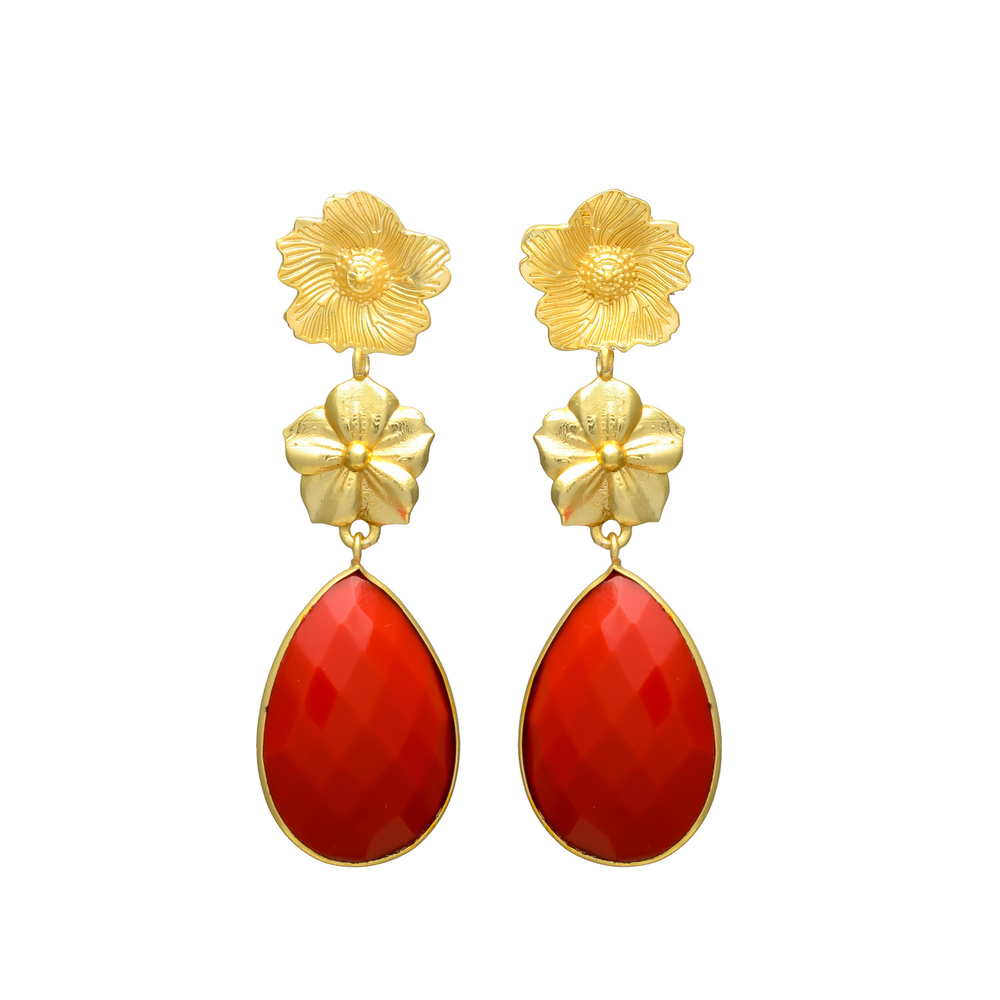 New Arrival Golden Flower Top Red Onyx Gemstone Tear Drop Earrings