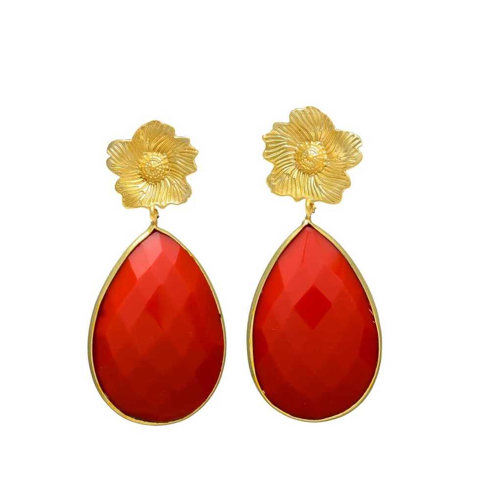 New Arrival Red Onyx Gemstone Tear Drop Earring with Beautiful Flower Top