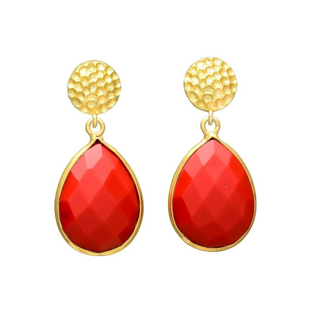 New Arrival Golden Stud Red Onyx Gemstone Tear Drop Earring Set