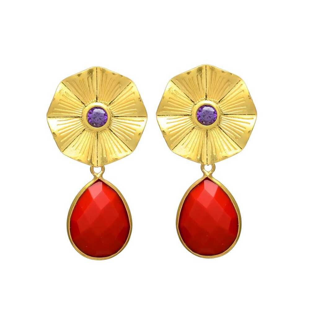 New Arrival Flower Top Red Onyx Gemstone Earring Set with Ruby Center