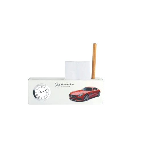 Promotional Table Clock With Pen And Paper Stand - Color: White