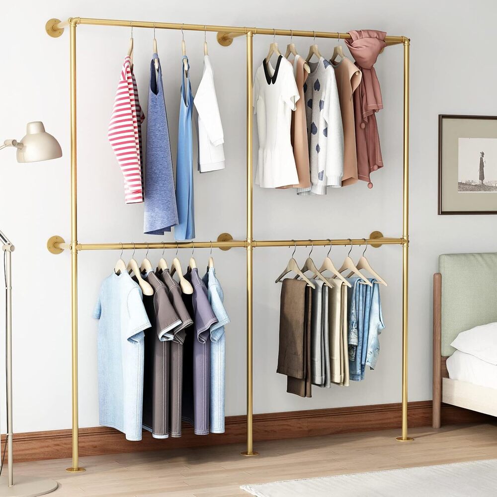 Gold Wall Clothing Rack Wall Mount clothes Rack,Heavy Duty Pipe Clothing Rack Retail Display Hanging Rod for Closet Storage