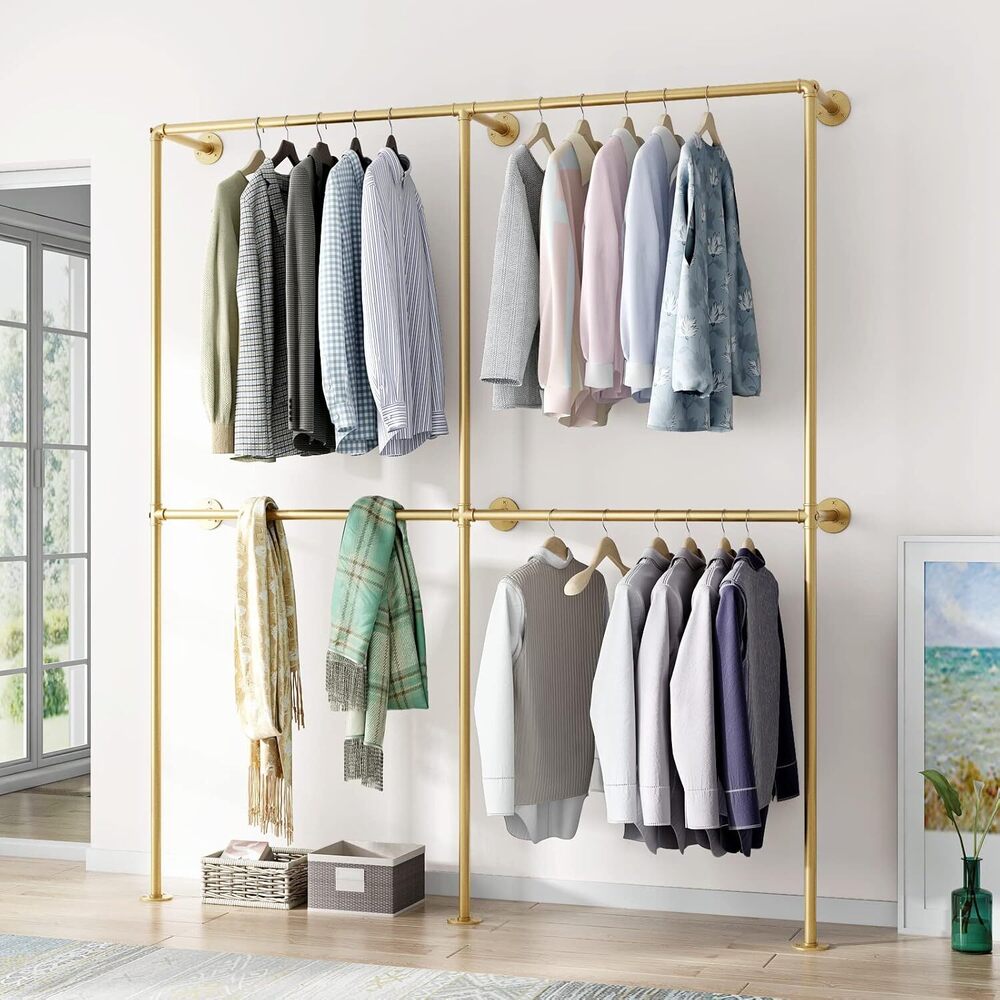 Gold Wall Clothing Rack Wall Mount clothes Rack,Heavy Duty Pipe Clothing Rack Retail Display Hanging Rod for Closet Storage