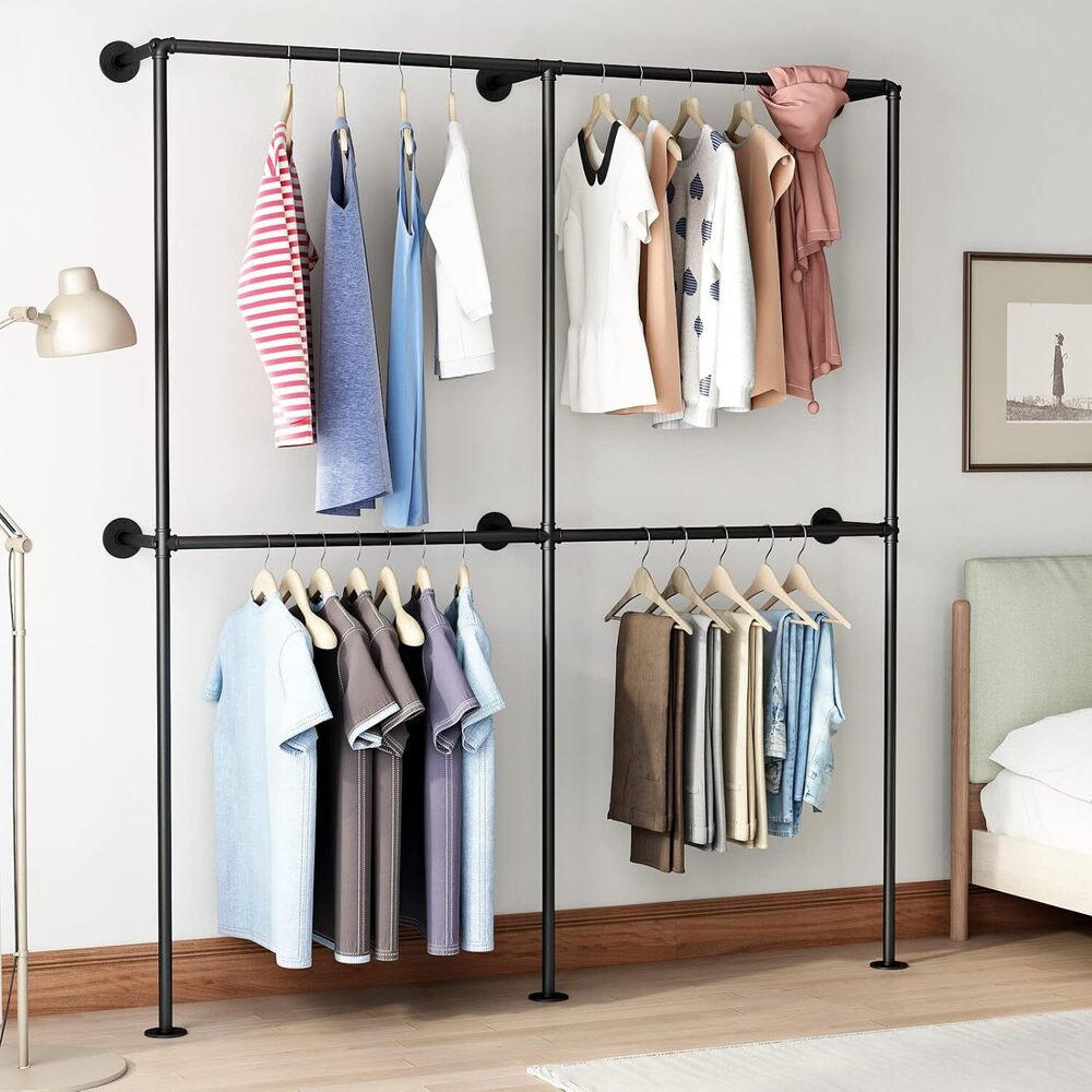 Pipe Clothing Rack Wall Mounted Garment Rack,Black Clothes Rack Retail Display Hanging Rod for Closet Storage