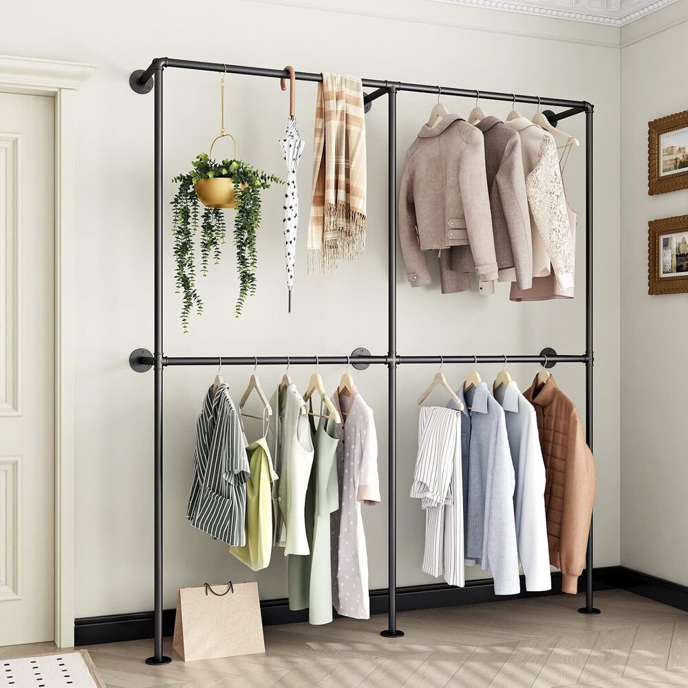 Pipe Clothing Rack Wall Mounted Garment Rack,Black Clothes Rack Retail Display Hanging Rod for Closet Storage