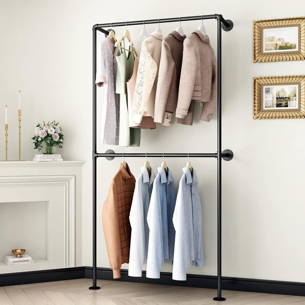 Pipe Clothing Rack Wall Mounted Garment Rack,Black Clothes Rack Retail Display Hanging Rod