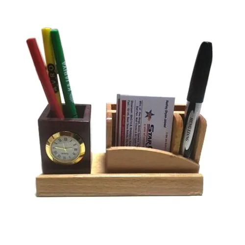 8 Inch Wooden Table Clock Pen Stand