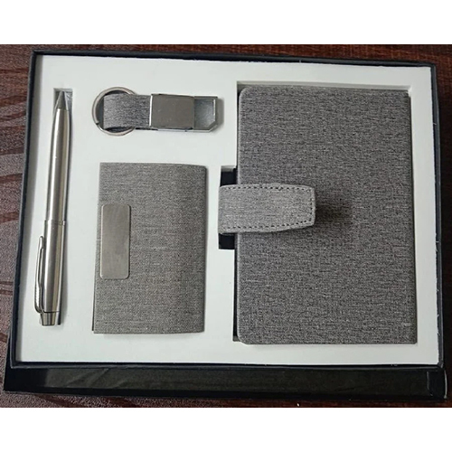 4 In 1 Grey Corporate Gift Set - Leather Material | Customized Logo, Square Box Packaging, Contains Pen, Keychain, Card Holder, Diary