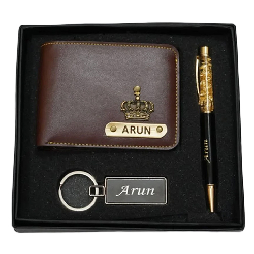 Leather 3 In 1 Corporate Gift Set - Leather, Different Sizes Available, Brown and Black | Includes Wallet, Pen, Keychain in Elegant Box