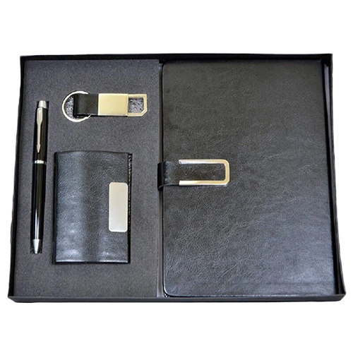 4 In 1 Corporate Gift Set - Metal, Black Color | Stainless Steel Pen, Notebook Diary, Card Holder, Keychain, Customized Logo