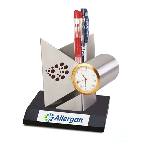 Premium Pen Stand With Clock - Color: Silver