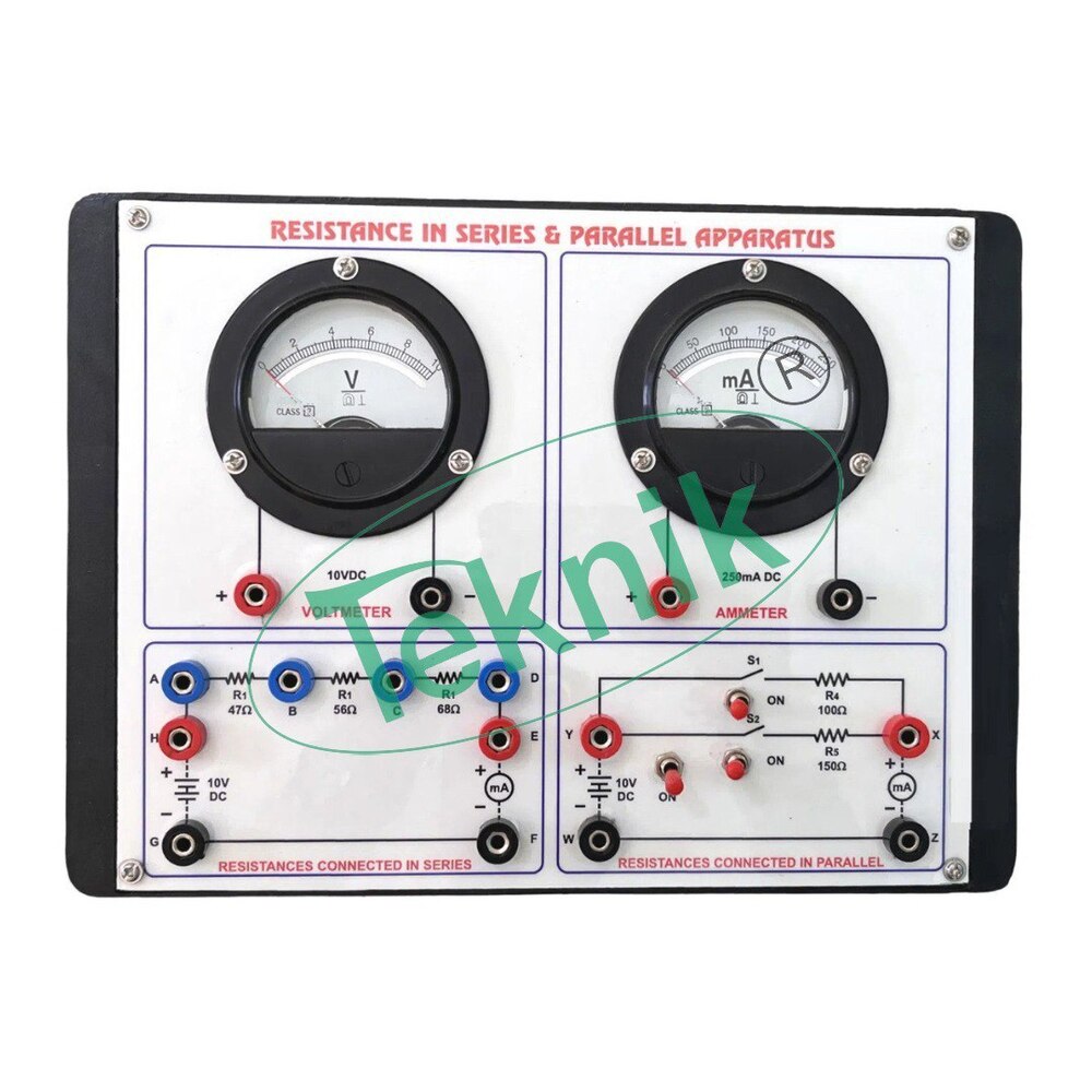 RESISTANCE IN SERIES & PARALLEL APPARATUS WITH BAKELITE PANEL & ROUND METERS