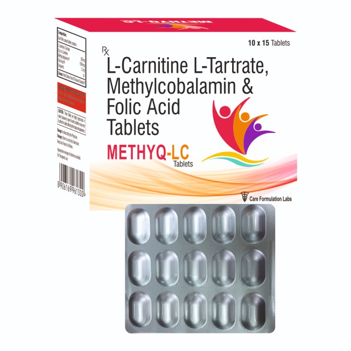 L-Carnitine L-Tartrate Eq.to L-Carnitine 500mg +Methylcobalamin IP 1500mcg +folic Acid IP 1.5mg Tablet