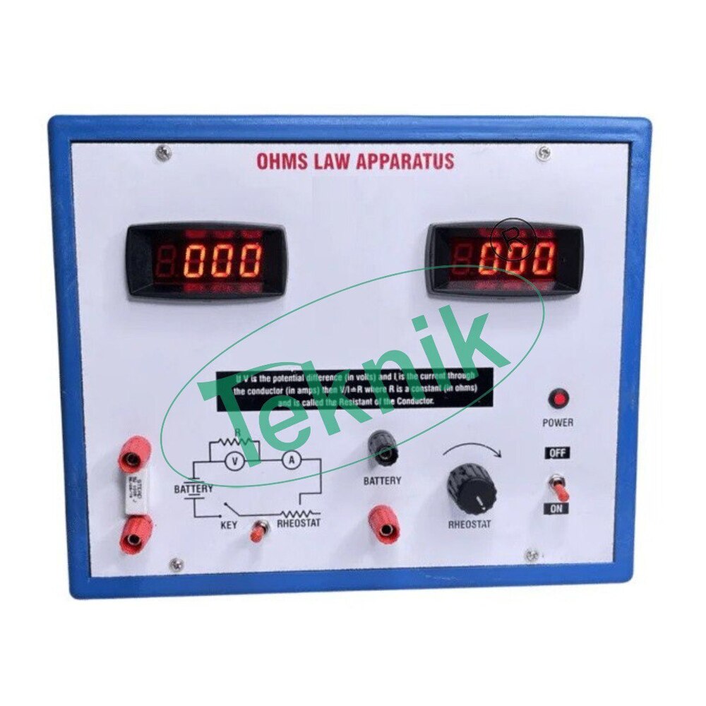 OHM'S LAW APPARATUS WITH ALUMINUM PANEL, 2 DIGITAL PANEL METERS & POWER SUPPLY