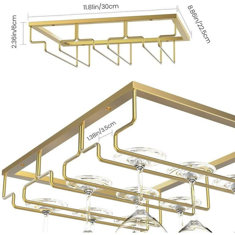 Glass Rack - Metal, Variable Dimensions, Gold | 12 Glass Capacity, Ceiling Mounted Design For Under-cabinet Wine Glass Storage