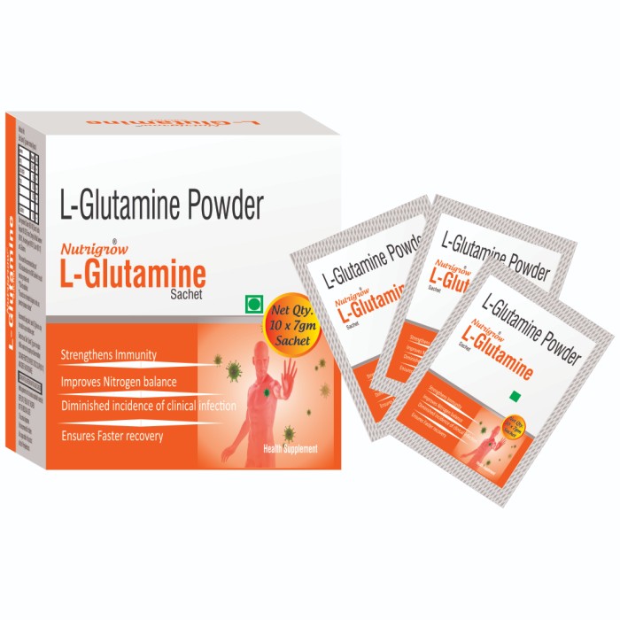 Nutritional Info : Each Sachet 7g powder contains  Approx ( Energy 6.24 kcal + Carbohydrate 1.56 g + Protein 0.00g + Fat 0.00g + L-Glutamine 5.00g  ) sachet