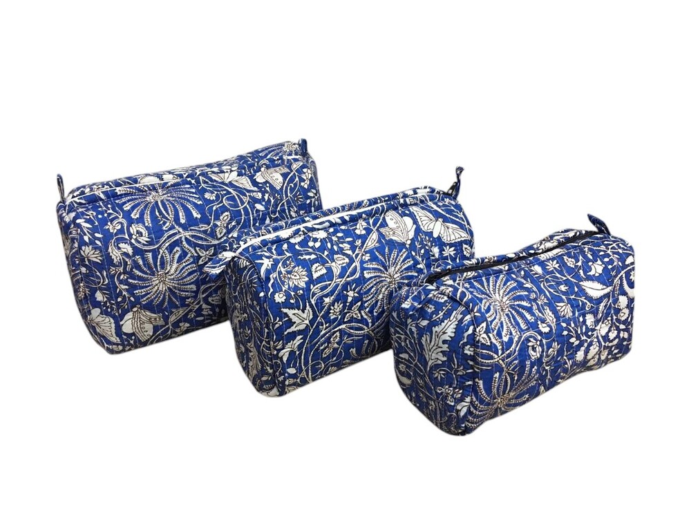 New Cotton Quilted 3pc Pouch Set - Cotton Fabric, Multi Color, Zip Closure | Customized Printed Design, No Handles, Lightweight 1kg