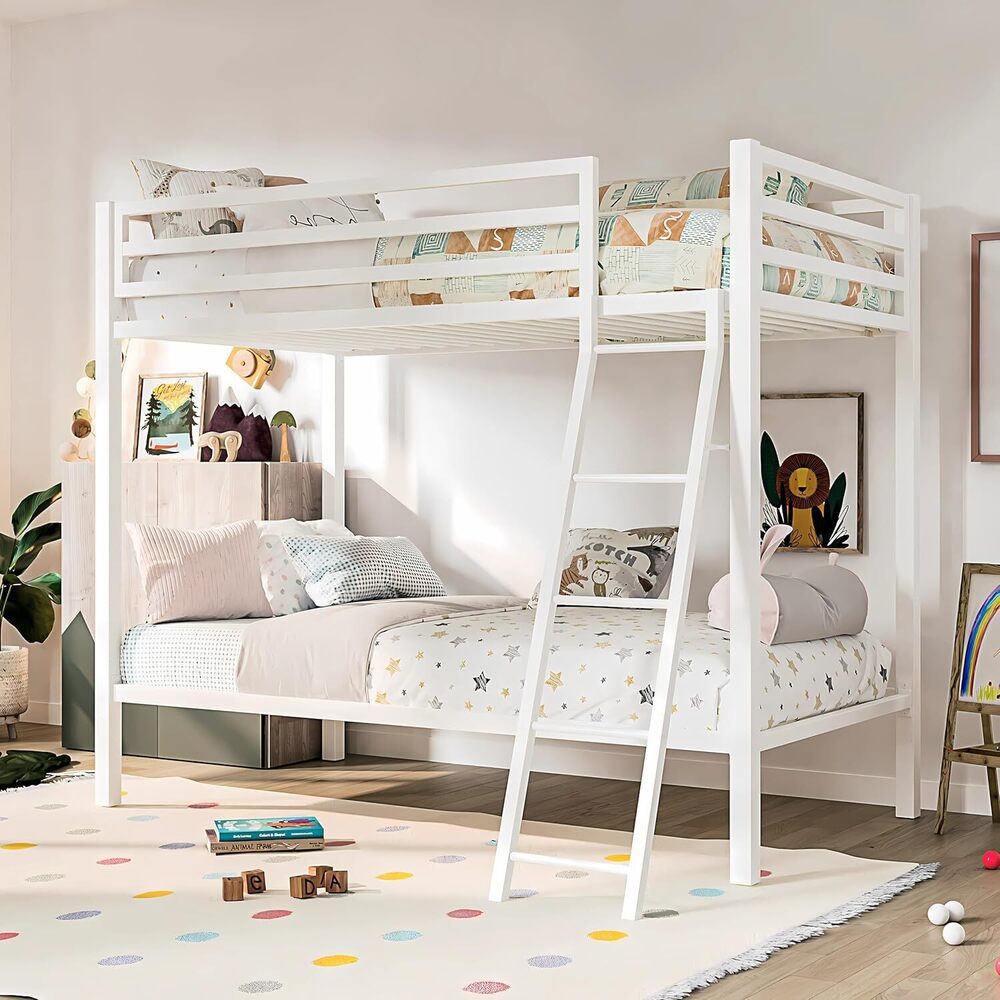 Bunk Bed Twin Over Twin Size With Ladder, Metal Bed Frame With Sturdy Guardrail, Space-Saving Design