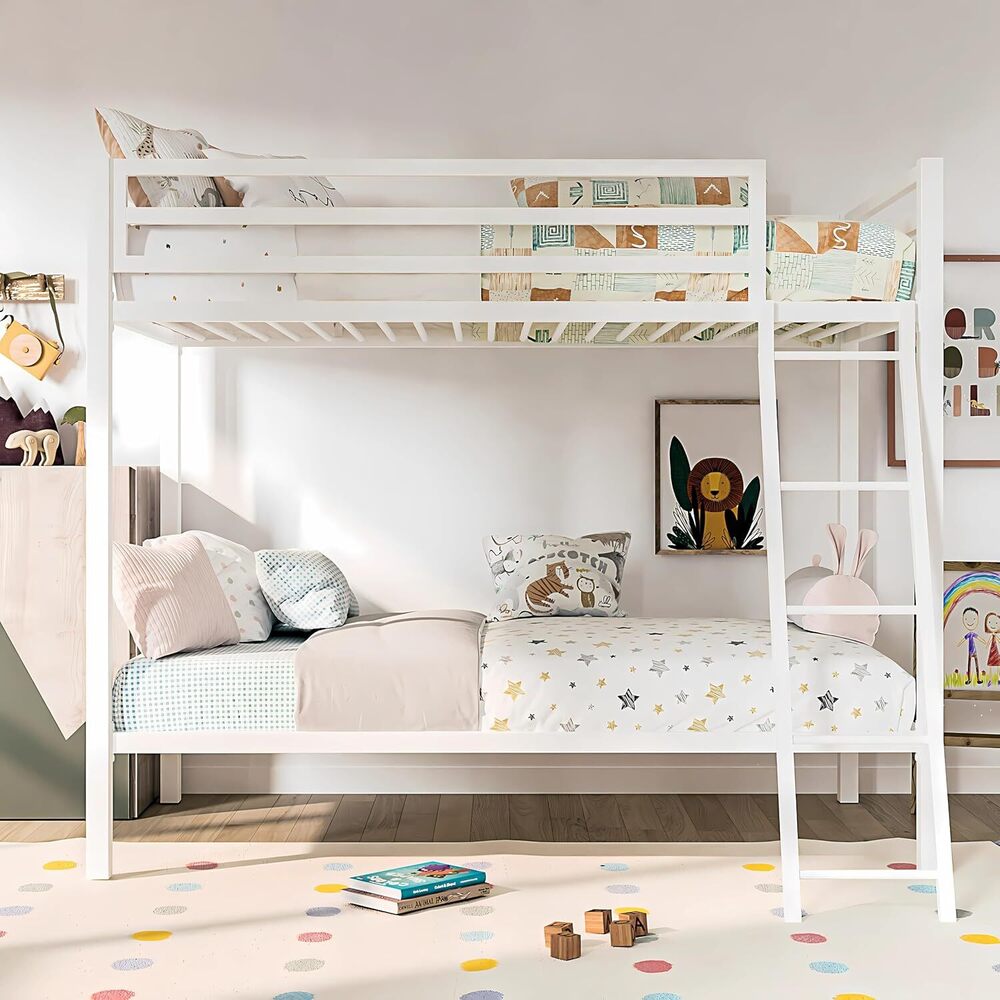 Bunk Bed Twin Over Twin Size With Ladder, Metal Bed Frame With Sturdy Guardrail, Space-saving Design